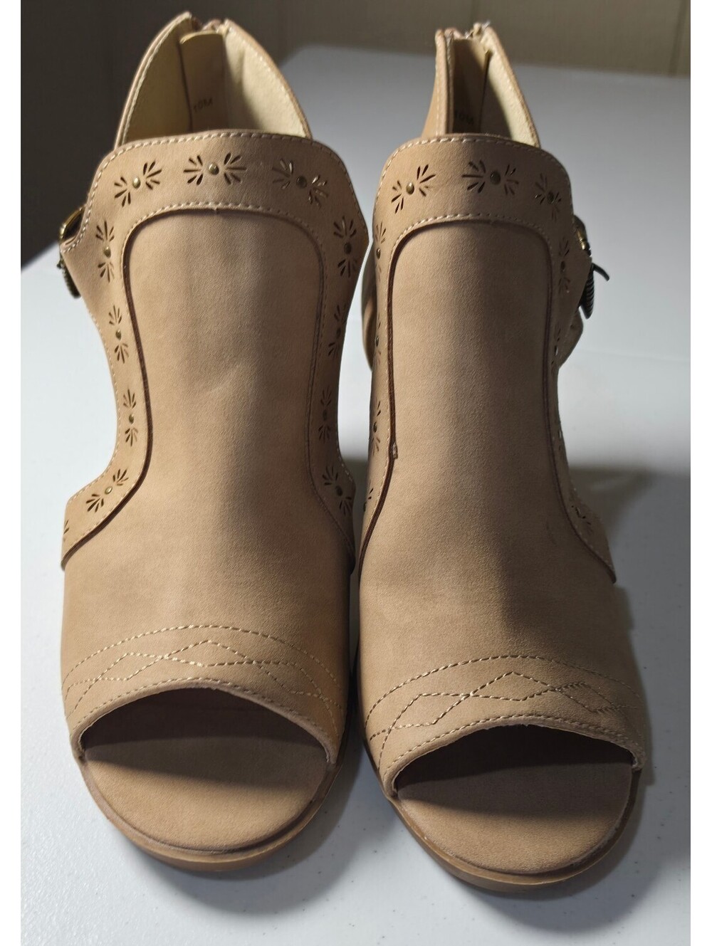 Tan Peep Toe Cutout Block Heel Booties with Buckle Detail